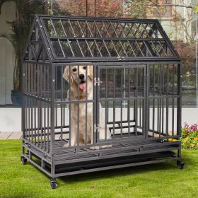 37"L x 41"H Heavy Duty Metal Dog Kennel Cage Crate with 4 Universal Wheels, Openable Pointed Top and Front Door, Black